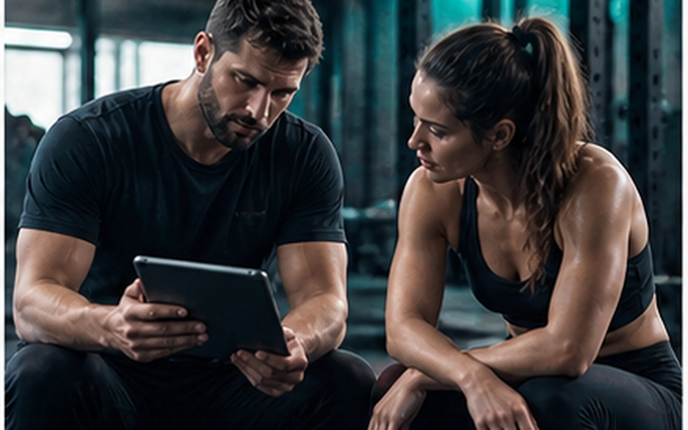Entrenador consultando una tablet junto a su cliente